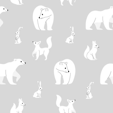Orman hayvanı, tilki, tavşan ve ayıyla basit ve modaya uygun bir model. Çizgi film tarzında düz dizayn baskı.