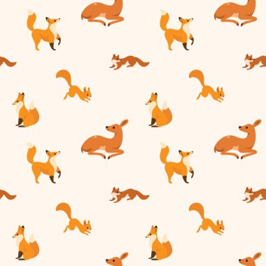 Yavru geyik, tilki, sincap ve kestane rengi sade, modaya uygun hayvan deseni. Çizgi film vektör illüstrasyonu.