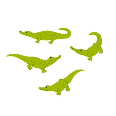 Çizgi film hayvan ikonu seti. Farklı timsah pozları. İzler, giysiler, ambalaj, çıkartmalar için vektör illüstrasyonu.