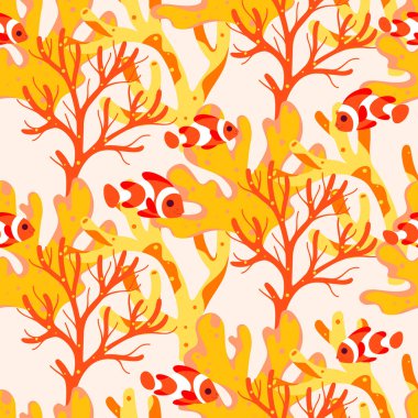 Palyaço balığı ve mercanla mükemmel bir düzen. Düz vektör renkli illüstrasyon.