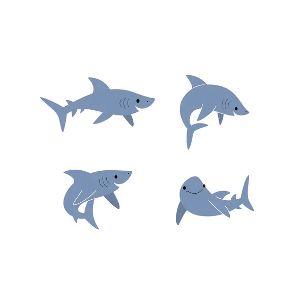 Icono Línea Bosquejo Tiburón Dibujos Animados Lindos Animales Conjunto Iconos — Archivo Imágenes Vectoriales