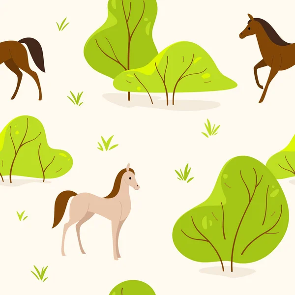 Cartoon Seamless Flat Pattern Animal Cute Horses Forest Vector Illustration — Stock Vector