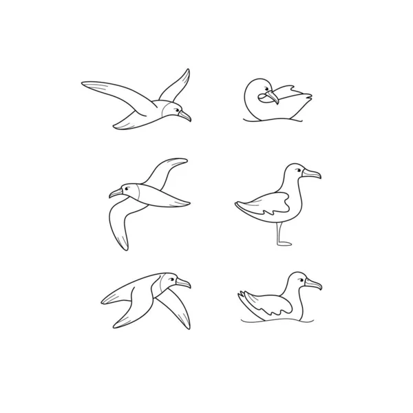 Conjunto Iconos Albatros Dibujos Animados Lindo Pájaro Diferentes Poses Ilustración — Archivo Imágenes Vectoriales