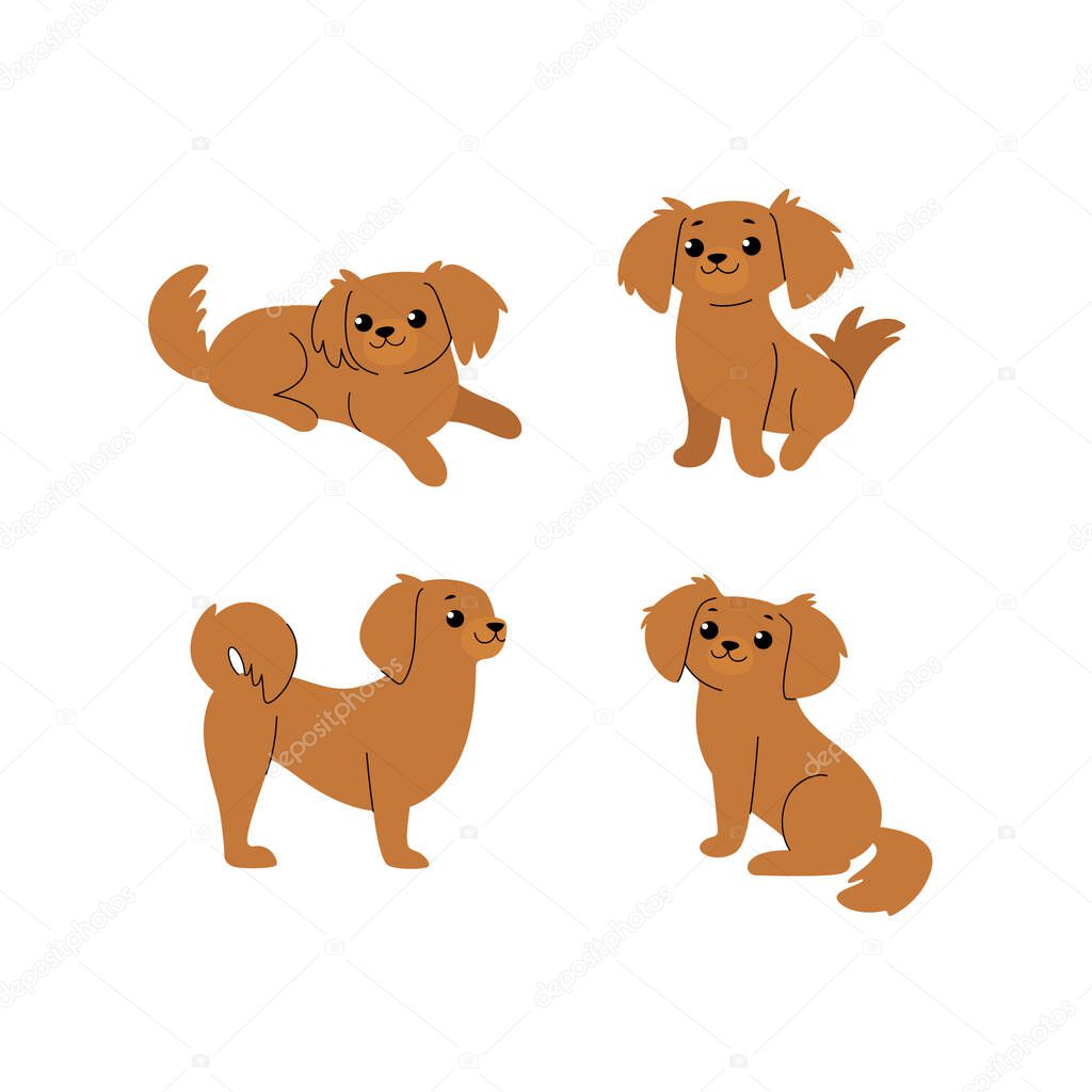 Cartoon dog icon set. Different poses of dog. Vector illustration for prints, clothing, packaging, stickers.