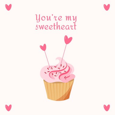Love cupcake with hearts. Vector flat illustration