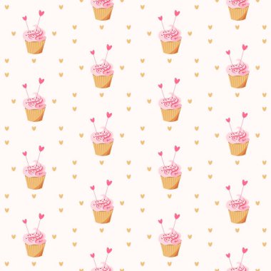 Pembe arka planda kapkekleri ve kalpleri olan hoş, kusursuz bir desen. Vektör düz resimleme.