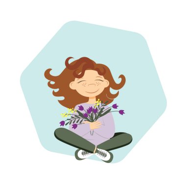 Bir buket lale ve mimoza çiçeğiyle sevimli romantik bir kız. Düz vektör illüstrasyonu.