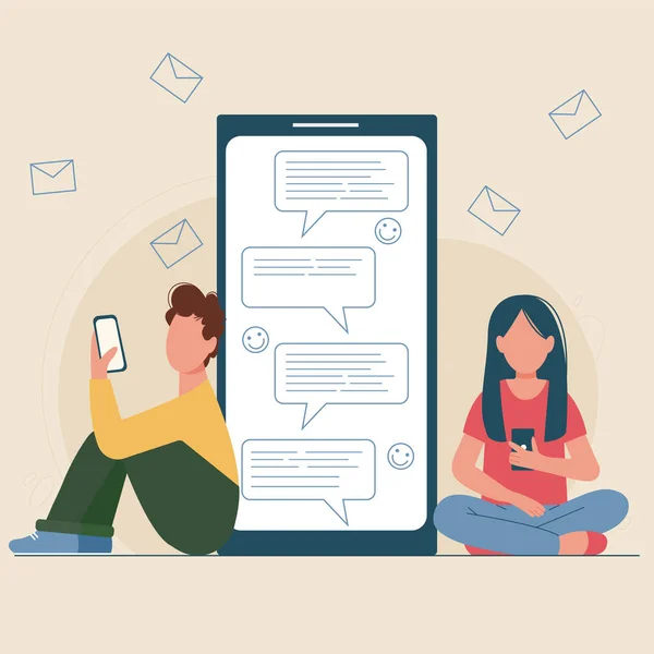 Jungen Und Mädchen Chatten Messenger Auf Dem Smartphone Menschen Tippen — Stockvektor