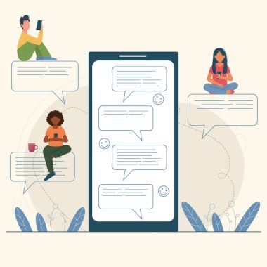 Mobil sohbet iletişim konsepti. Akıllı telefonları olan insanlar başvuru yoluyla çevrimiçi mesaj gönderiyorlar. Kızlar ve oğlanlar baloncuklara ya da bulutlara mesaj yazıyorlar. Gülümsemeli ve mesajlı cep telefonu ekranı.