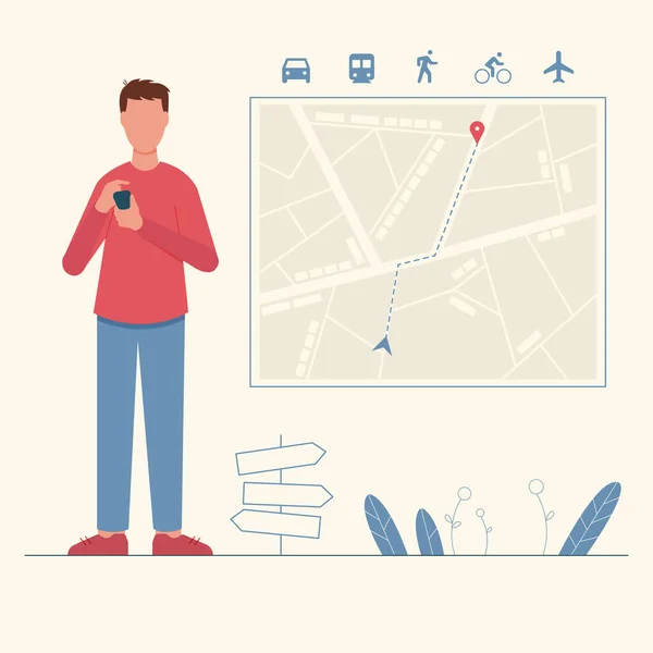 Άνθρωπος Ψάχνει Κατεύθυνση Τοποθεσία Στο Smartphone Διαδικτυακός Χάρτης Gps Πλοήγησης — Διανυσματικό Αρχείο