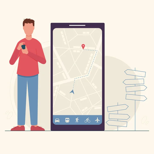 Concetto App Mobile Navigazione Gps Uomo Alla Ricerca Itinerario Posizione — Vettoriale Stock
