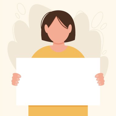 Genç kısa saçlı esmer kadın elinde boş bir tabela ya da poster tutuyor. Kızlar harekete geçer. Bakış açısını ifade etmek. Barış protestosu, tezahür, gösteri veya grev hakkındaki siyasi, sosyal veya kişisel tutum.