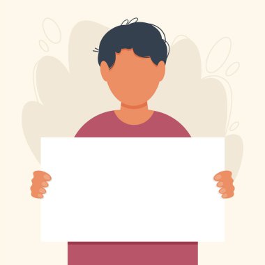 Genç esmer adam elinde boş bir tabela ya da poster tutuyor. Çocuk harekete geçiyor. Bakış açısını ifade etmek. Barış protestosu, tezahür, gösteri veya grev hakkındaki siyasi, sosyal veya kişisel tutum.