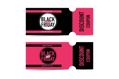 Ayrıştırılabilir Kara Cuma promosyon kuponu ve daire içinde yazı olan tatil kuponu vektör illüstrasyonu.