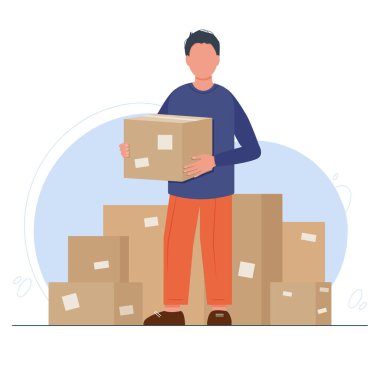 Mal teslimat konseptini ifade eder. Ellerinde karton kutu tutan kurye çocuk. Arkaplanda paketler ve paketlerle nakliye servisini temsil eden genç bir adam. Düz biçimli vektör illüstrasyonu.