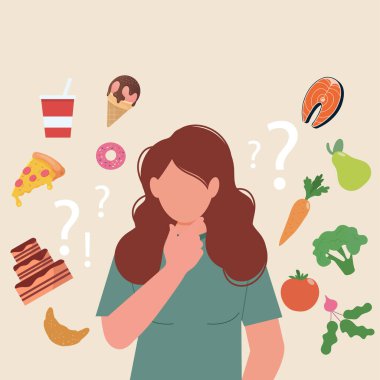 Yemek seçimi konsepti. Soru işaretli bir kadın. Sağlıklı ve taze sebzeleri ve sağlıksız fast food 'ları düşünen bir kız. Yağlı kolesterole karşı vitaminler..