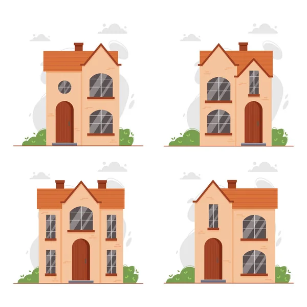 郊外や国の大きな窓や煙突を持つ2階建ての家族の家のセット モダンなヴィラ コテージ タウンハウスのコンセプト 家のファサードと外観ベクトルイラスト — ストックベクタ