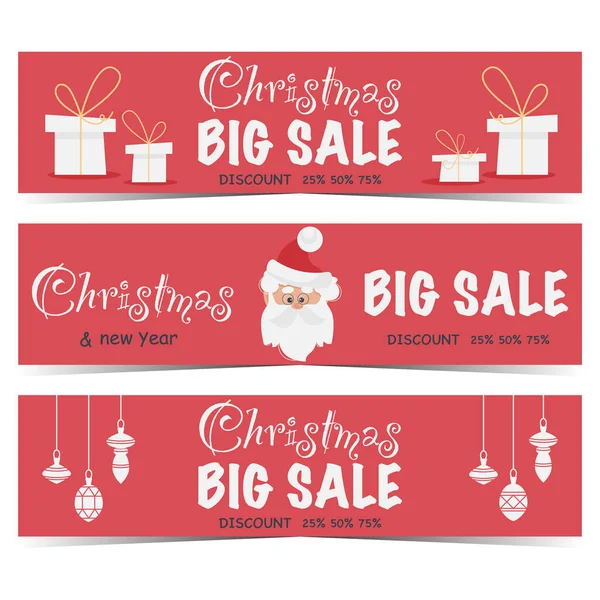 Christmas Big Sale Red Banners Set New Year Discount Coupons — Vetor de Stock