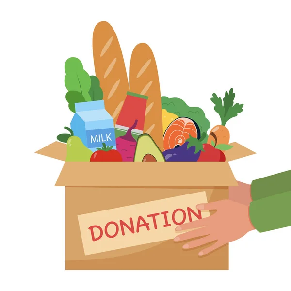 Food Donation Concept Vector Illustration Depicting Hands Donating Box Food — Stock Vector