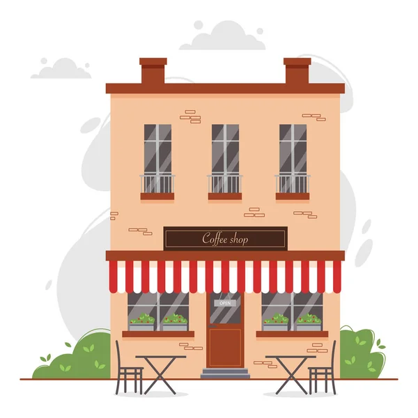Façade Café Avec Terrasse Véranda Tables Chaises Pour Les Visiteurs — Image vectorielle