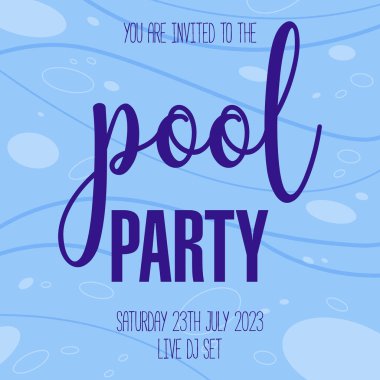 Yaz havuzu partisi poster tasarımı şablonu. Su arka planında kabarcıklar ve dalgalar var. Hafta sonu havuz partisi afişi, broşür, broşür, broşür veya davetiye için düz stil vektör ilüstrasyonu.