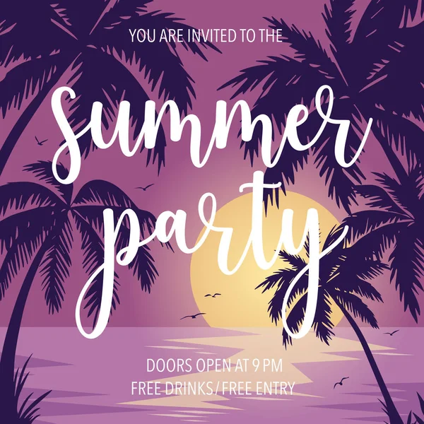 Vector Summer Party Poster Banner Sunset Sea Palm Trees Flying — Stockvektor