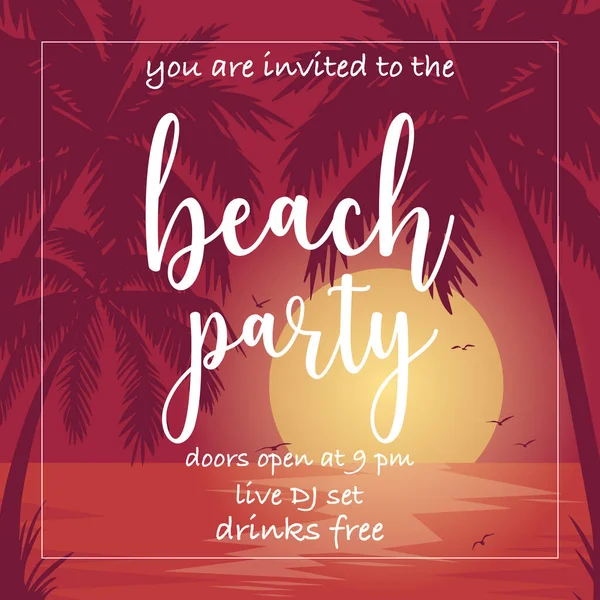 フラットスタイルでビーチパーティーバナーベクトルテンプレートデザイン 夏のビーチパーティーのポスター 招待状 チラシやパンフレットのレイアウト海で夕日 背景に鳥やヤシの木を飛んで — ストックベクタ