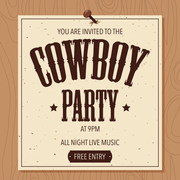 Cowboy Party Poster Broadsheet Banner Paper Nailed Wooden Board Wild — Vector de stock