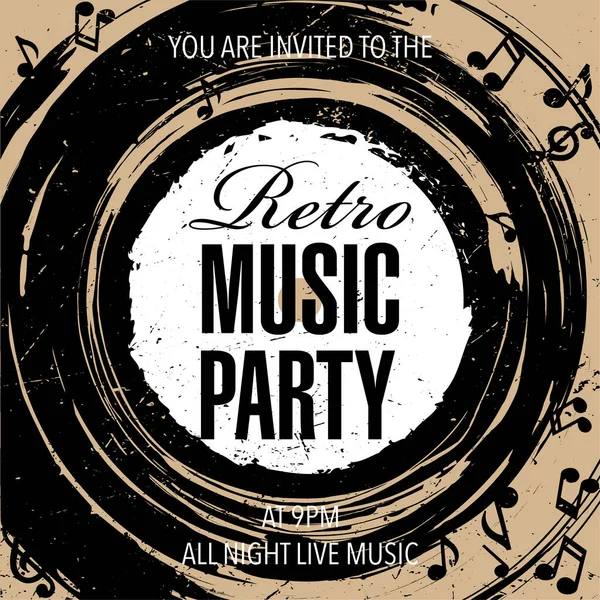 Приглашение Вечеринку Ретро Музыки Плакат Виниловой Пластинкой Нотами Скрипичным Ключом — стоковый вектор
