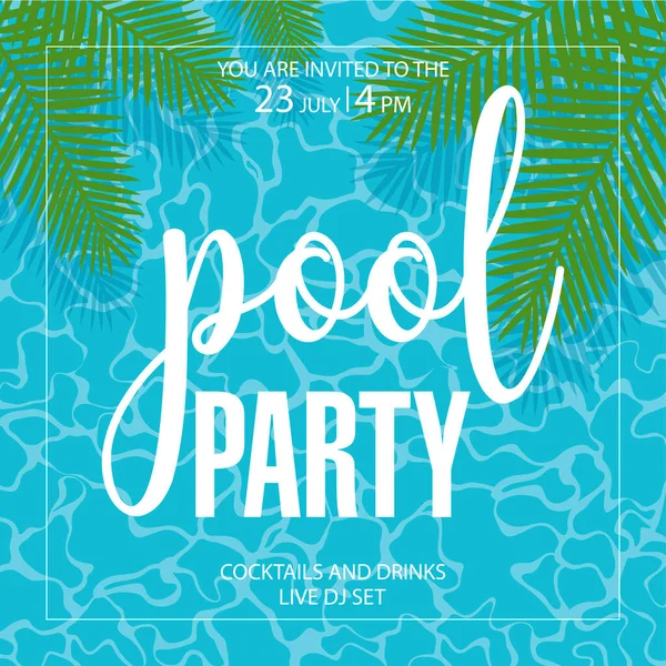 青い水とエキゾチックな木のヤシの葉を背景にした夏のプールパーティーイベントのためのバナーデザインテンプレート ウェブのソーシャルメディアの投稿や広告のためのフラットスタイルのベクトルイラスト — ストックベクタ