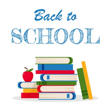 Okul vektör pankartına ya da renkli kitapların ve beyaz arka planda kırmızı elmanın olduğu poster tasarımına geri dönelim. Promosyon ve reklam amaçlı eğitim ve eğitim konsepti illüstrasyonu.