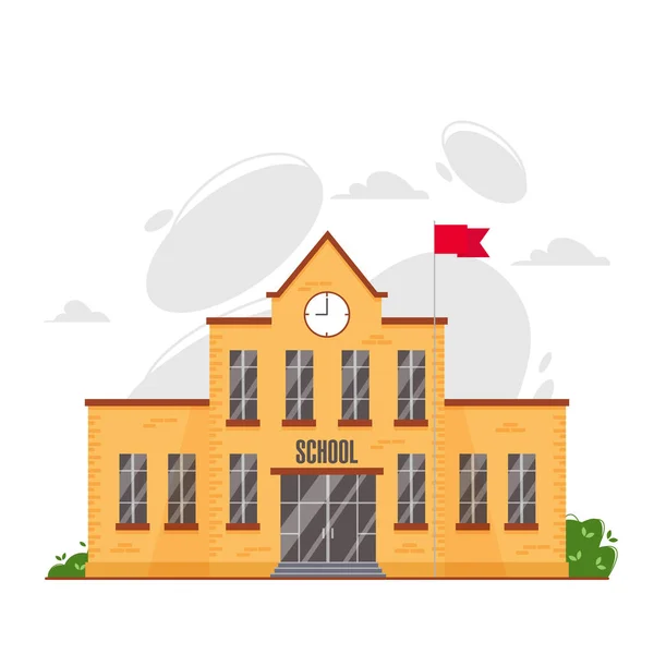 古典的な学校の建物の正面側またはファサードデザイン 旗竿を持つ黄色のレンガ造りの建物の前に時計と赤の旗を振って学校のフラットスタイルのベクトルイラスト — ストックベクタ