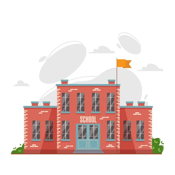 ベクタースクールの建物のアイコンやロゴデザイン 旗竿とオレンジ色の旗を振って赤レンガの学校の建物のフラットイラスト 正面に碑文学校 正面入口 — ストックベクタ