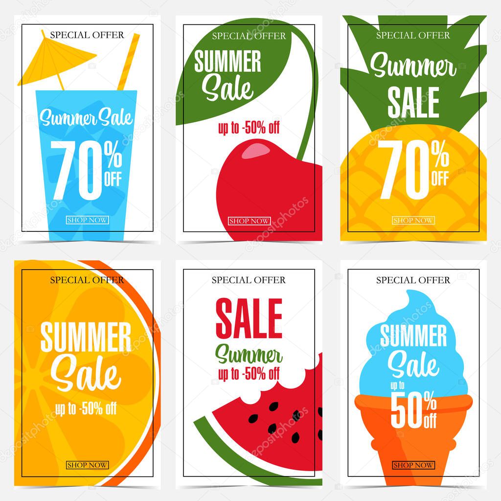 Summer sale banner set with ice cream, glass with cocktail and straw, bright colourful exotic fruits, orange, pineapple, watermelon, cherry for discount promotion, special offer, holiday shopping.