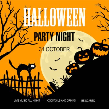 Halloween party night promo banner, poster or invitation flyer for Halloween holiday celebration on October 31. Halloween leaflet design template with faced pumpkins, flying bats and funny scared cat.