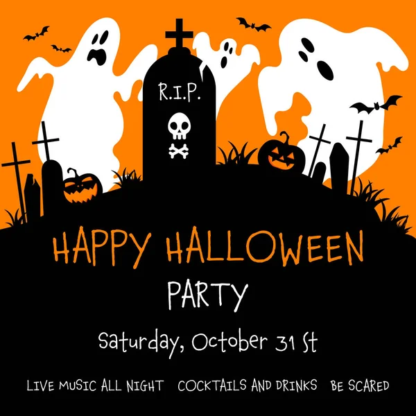 Feliz Festa Halloween Convite Banner Cartaz Com Morcegos Voadores Fantasmas —  Vetores de Stock