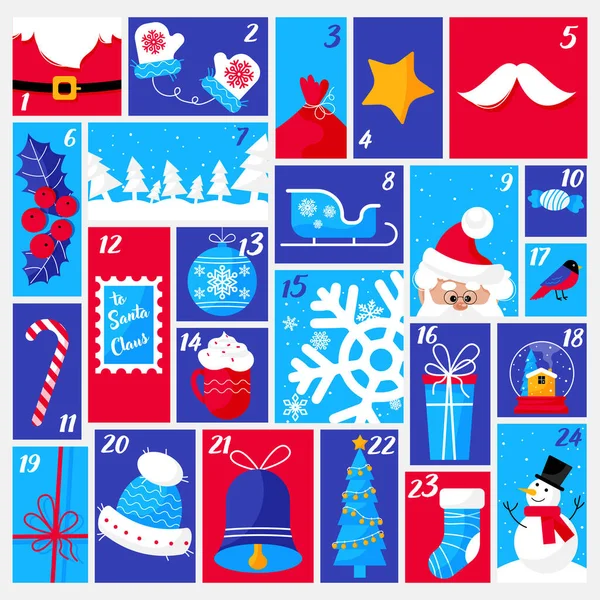 Kalendarz Adwentowy Boże Narodzenie Ozdobą Dekoracjami Wakacyjnymi Zimą Grudzień Kalendarz — Wektor stockowy