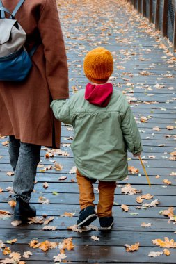 Anne ve oğlu sonbahar parkında yürüyor.