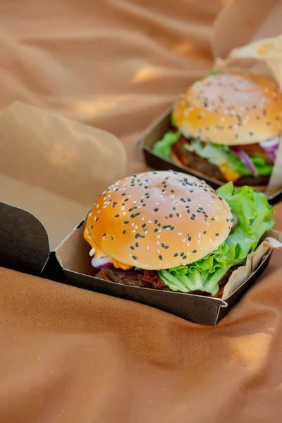 Smaczny Burger Pudełku Brązowej Tkaninie Kolor — Zdjęcie stockowe