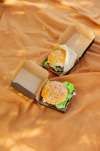 Smaczny Burger Pudełku Brązowej Tkaninie Kolor — Zdjęcie stockowe