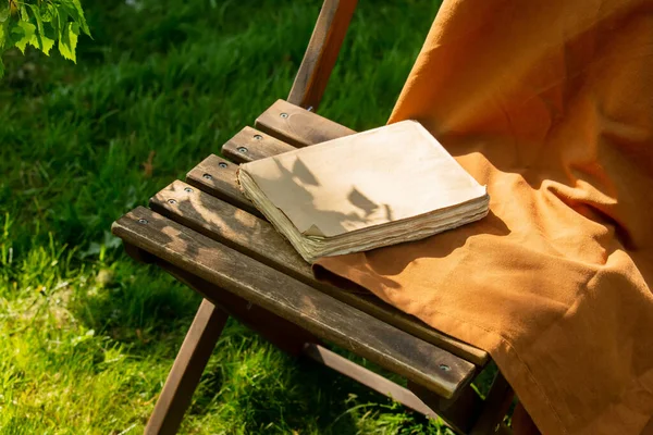 Old Book Brown Cloth Wooden Chair Garden — Stockfoto