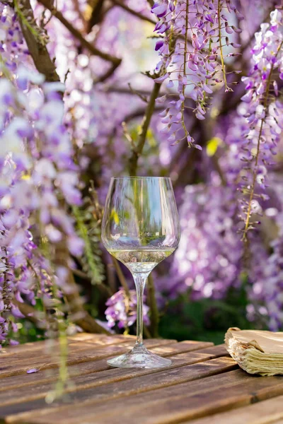 Glass Wine Wooden Table Wisteria Tree — Fotografia de Stock