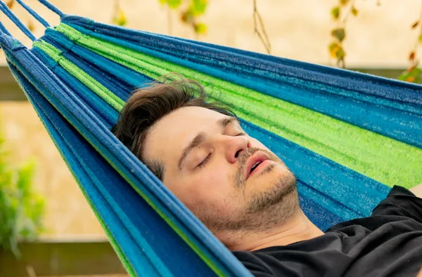 Tired Father Tries Sleep Hammock Garden — Stock Photo, Image