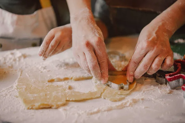 Closeup View Hands How Mother Son Preparing Flour Cookies Kitchen — Φωτογραφία Αρχείου