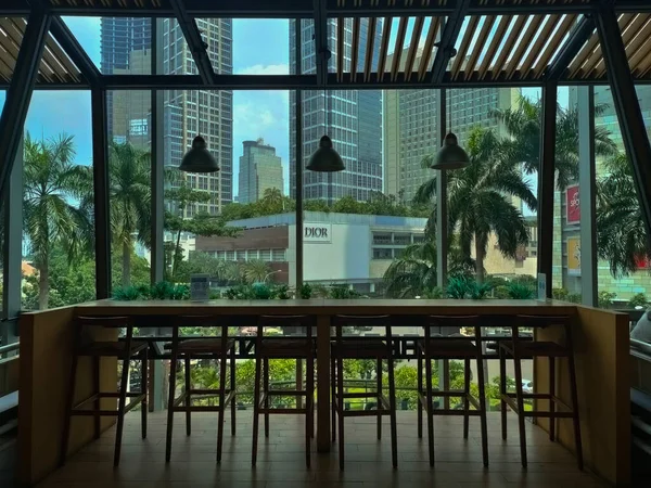 Jakarta Indonesia March 2022 Architecture Cafe Table Wood Chains Chandelier — стокове фото