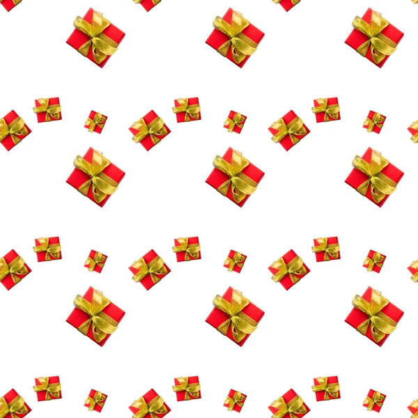 Rote Geschenkboxen Gebunden Mit Goldenem Band Auf Weißem Hintergrund Nahtloses — Stockfoto