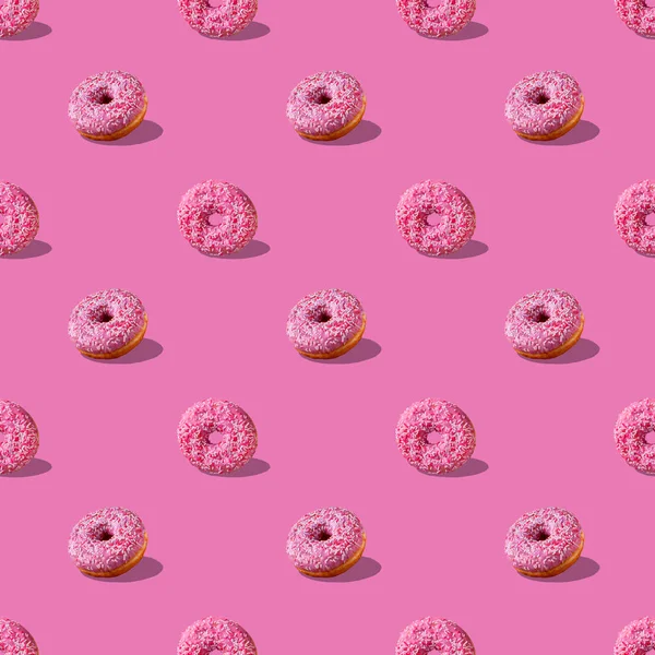 Roze Donuts Met Schaduw Paarse Achtergrond Naadloos Patroon — Stockfoto
