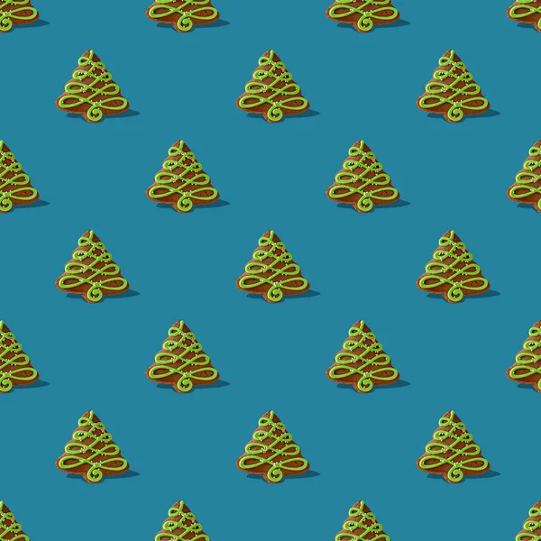 Gingerbread Shape Christmas Tree Shadow Blue Background Seamless Pattern — Stock Photo, Image