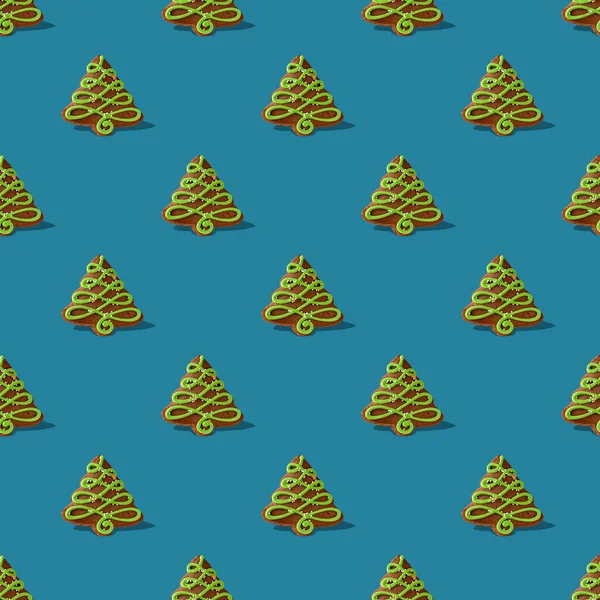 Pão Gengibre Forma Uma Árvore Natal Com Sombra Fundo Azul — Fotografia de Stock