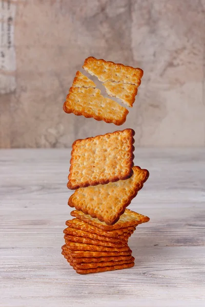 Cracker Salt Flying Biscuits Wooden Background — Stock Photo, Image